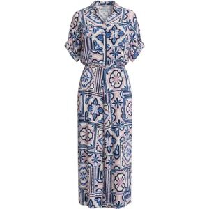 Zara Women Jumpsuit XS Blue Pink Geometric Tile Print Short Sleeve Wide Leg Boho